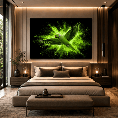 Neon Green Parrot Burst Canvas Wall Art – Dynamic Abstract Tropical Bird Painting - ART OF ROYALS