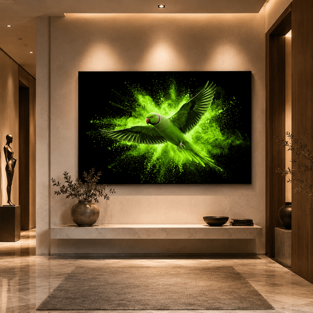 Neon Green Parrot Burst Canvas Wall Art – Dynamic Abstract Tropical Bird Painting - ART OF ROYALS