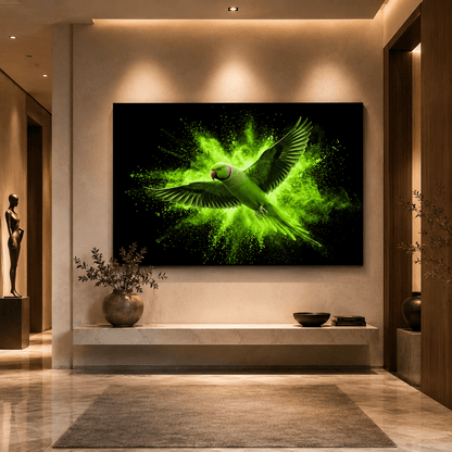 Neon Green Parrot Burst Canvas Wall Art – Dynamic Abstract Tropical Bird Painting - ART OF ROYALS