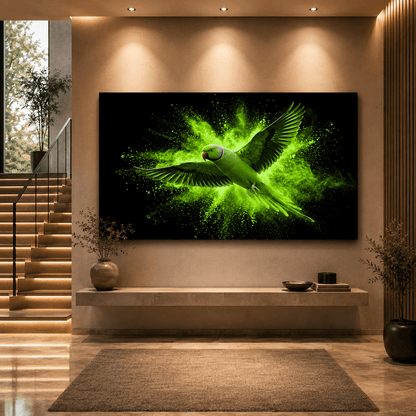 Neon Green Parrot Burst Canvas Wall Art – Dynamic Abstract Tropical Bird Painting - ART OF ROYALS