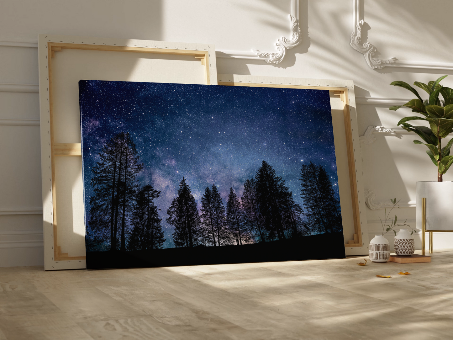 Starry Night Sky Over Enchanted Forest Illustration