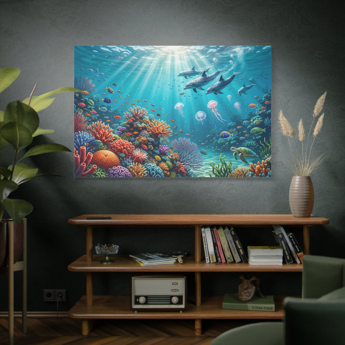 Ocean Paradise Dolphins and Coral Reef Canvas Wall Art – Vibrant Underwater Marine Decor - ART OF ROYALS