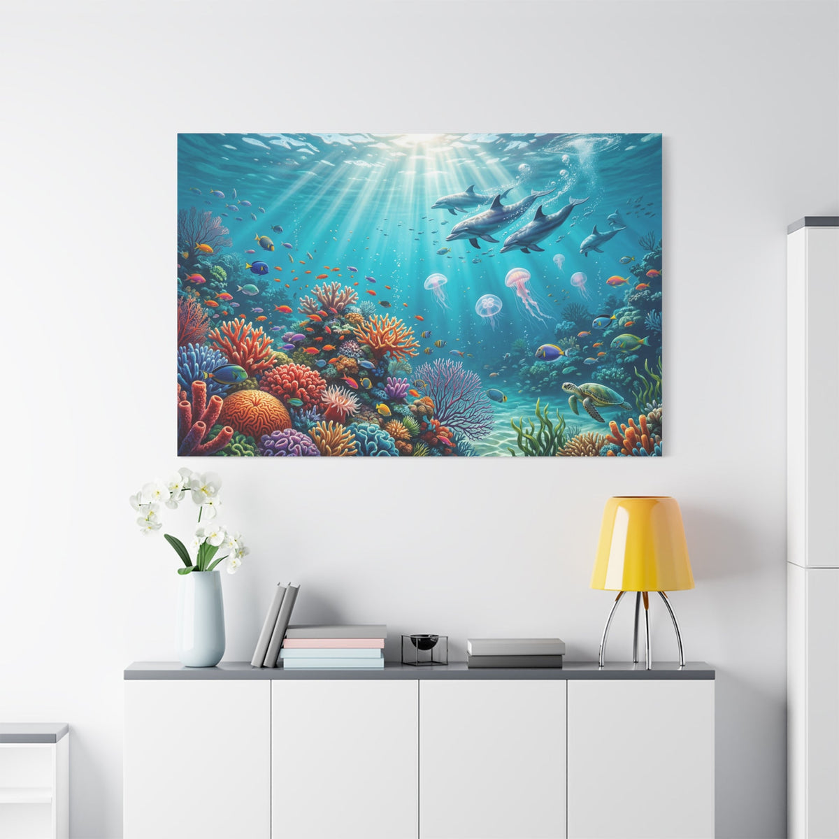 Ocean Paradise Dolphins and Coral Reef Canvas Wall Art – Vibrant Underwater Marine Decor - ART OF ROYALS