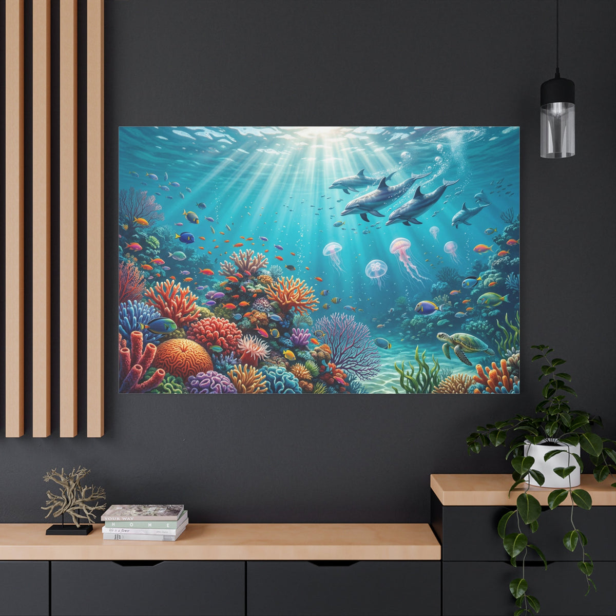 Ocean Paradise Dolphins and Coral Reef Canvas Wall Art – Vibrant Underwater Marine Decor - ART OF ROYALS