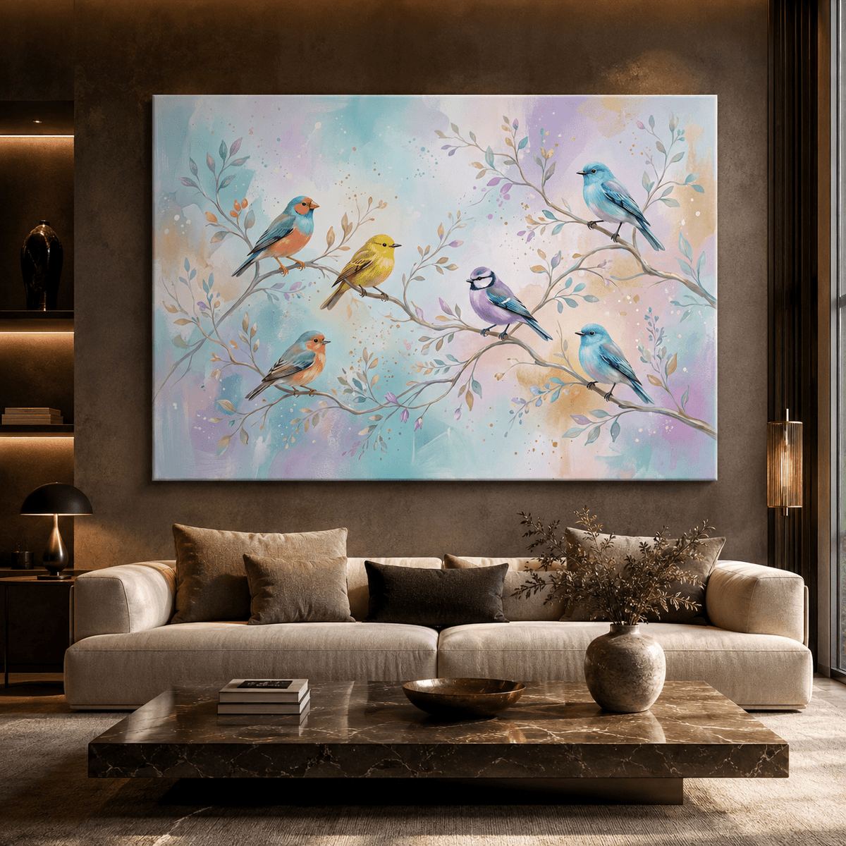 Pastel Harmony Songbirds Canvas Wall Art – Soft Watercolor Bird Decor for Peaceful Interiors - ART OF ROYALS