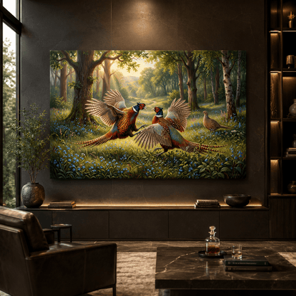 Pheasant Duel Canvas Wall Art – Dramatic Woodland Wildlife Nature Decor - ART OF ROYALS