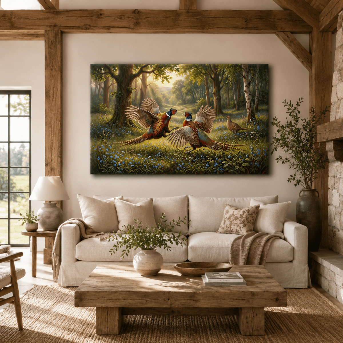 Pheasant Duel Canvas Wall Art – Dramatic Woodland Wildlife Nature Decor - ART OF ROYALS