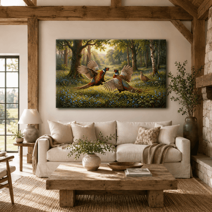 Pheasant Duel Canvas Wall Art – Dramatic Woodland Wildlife Nature Decor - ART OF ROYALS