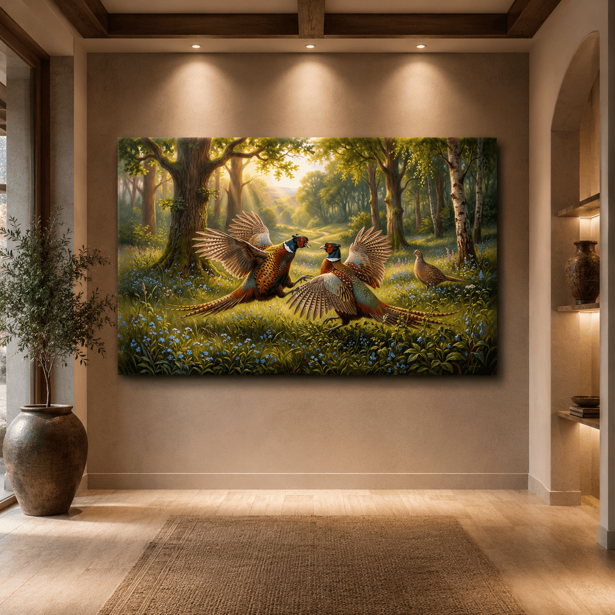 Pheasant Duel Canvas Wall Art – Dramatic Woodland Wildlife Nature Decor - ART OF ROYALS