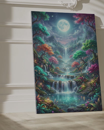 Moonlit Enchanted Falls Canvas Wall Art – Dreamlike Fantasy Waterfall Landscape Decor