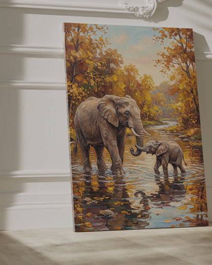 Golden Bond Elephant Mother and Baby Canvas Wall Art – Heartwarming Wildlife Family Decor