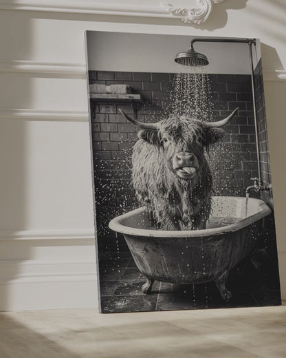 Funny Highland Cow Bathroom Canvas Wall Art – Black and White Farmhouse Shower Decor