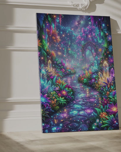 Enchanted Neon Garden Path Canvas Wall Art – Magical Fantasy Dreamscape & Glowing Floral Artwork