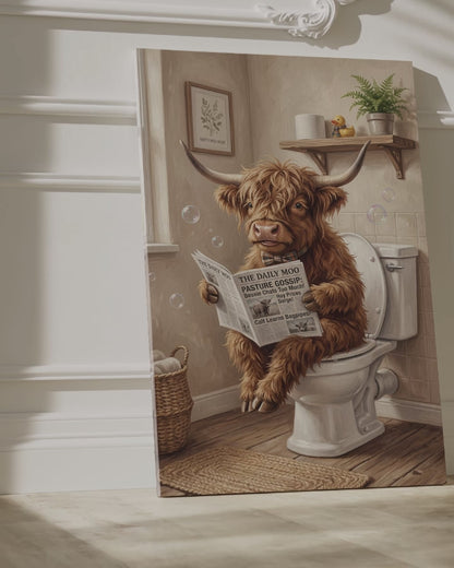 Funny Highland Cow Bathroom Canvas Wall Art – Farmhouse Cow Toilet Humor Decor