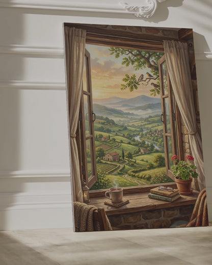 Window to the Countryside Cozy Rustic Landscape Canvas Wall Art – Farmhouse Window View Decor