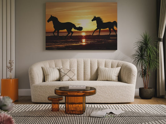 Golden Sunset Wild Horses Canvas Art – Tranquil Nature