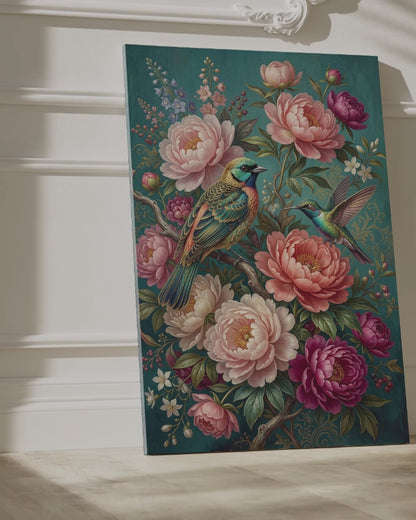 Birds Among Peonies Canvas Wall Art – Elegant Floral Bird Painting for Luxury Home Decor