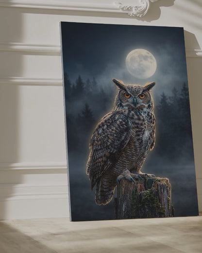 Majestic Owl Under Full Moon Canvas Wall Art – Mystical Night Wildlife Decor