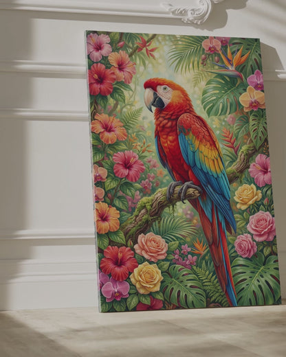 Tropical Scarlet Macaw Paradise Canvas Wall Art – Vibrant Floral Jungle Bird Decor