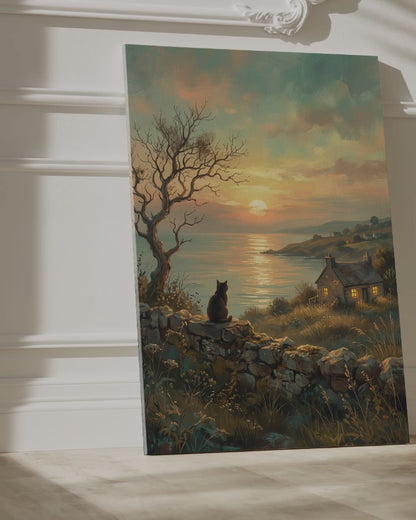 Sunset Cat Canvas Wall Art – Peaceful Coastal Cottage Nature Decor