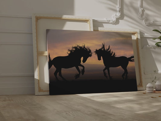 Golden Horizon Horses Canvas Art – Majestic Silhouettes at Dusk