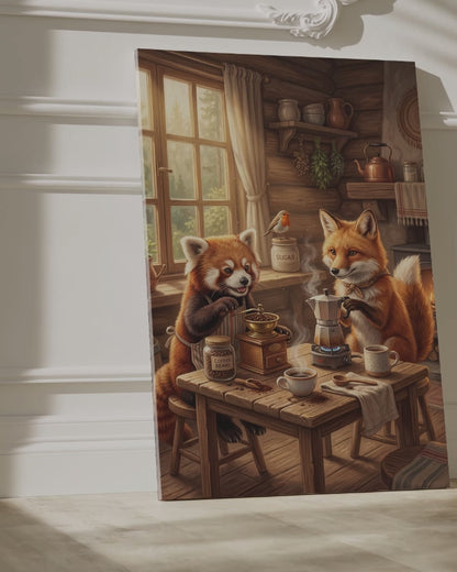 Cozy Woodland Coffee Time Red Panda & Fox Canvas Wall Art – Rustic Cabin Animal Decor