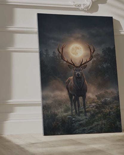 Moonlit Stag Majesty Canvas Wall Art – Mystical Deer Forest Night Decor