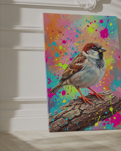 Urban Splash Sparrow Canvas Wall Art – Colorful Modern Bird Wall Decor for Contemporary Interiors