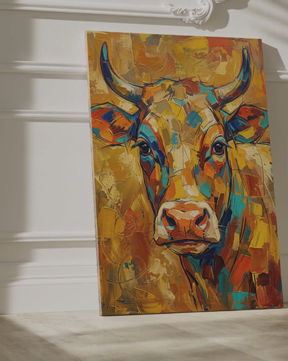 Golden Spirit Abstract Colorful Cow Canvas Wall Art – Modern Farmhouse Animal Decor