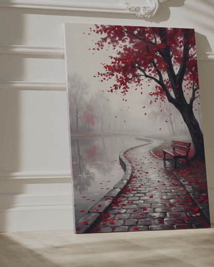 Crimson Serenity Red Leaves Lakeside Path Canvas Wall Art – Minimalist Nature Landscape Decor