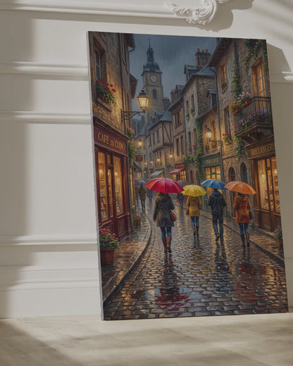 Rainy Evening Stroll Canvas Wall Art – Romantic Parisian Street Cityscape Decor