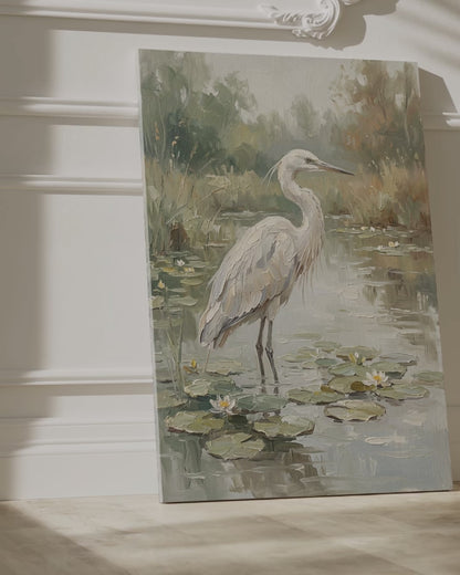 White Heron Pond Canvas Wall Art – Serene Wetland Bird Nature Decor for Peaceful Interiors