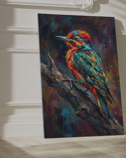 Colorful Woodpecker Canvas Wall Art – Modern Abstract Bird Painting for Contemporary Decor