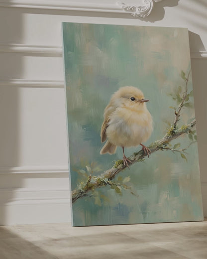 Soft Serenity Fluffy Baby Bird on Branch Canvas Wall Art – Pastel Nursery Nature Decor