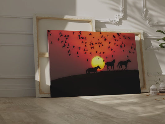 Sunset Silhouette Horses Canvas Wall Art – Peaceful Nature Scene