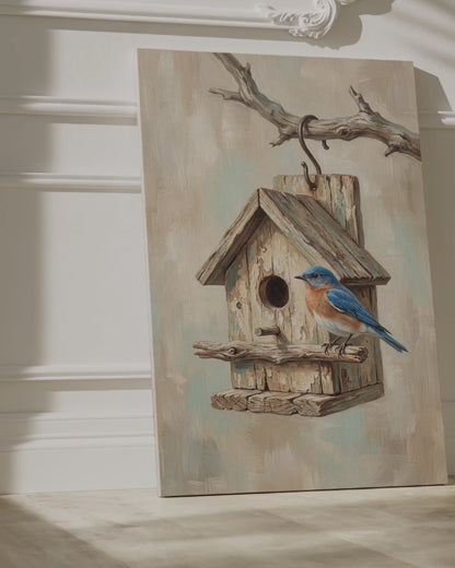 Rustic Bluebird Birdhouse Canvas Wall Art – Farmhouse Nature Decor for Cozy Interiors