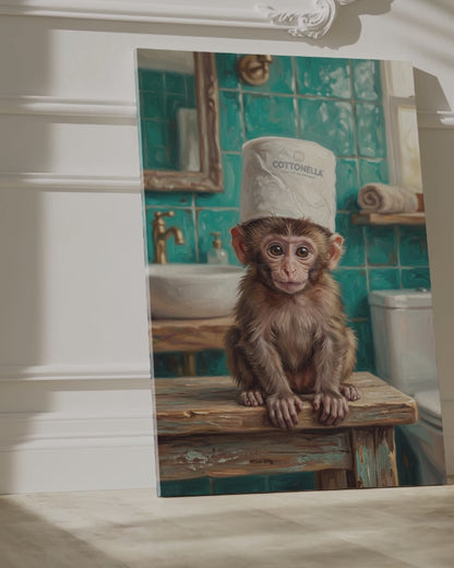 Cute Monkey Bathroom Canvas Wall Art – Funny Baby Monkey Toilet Humor Decor