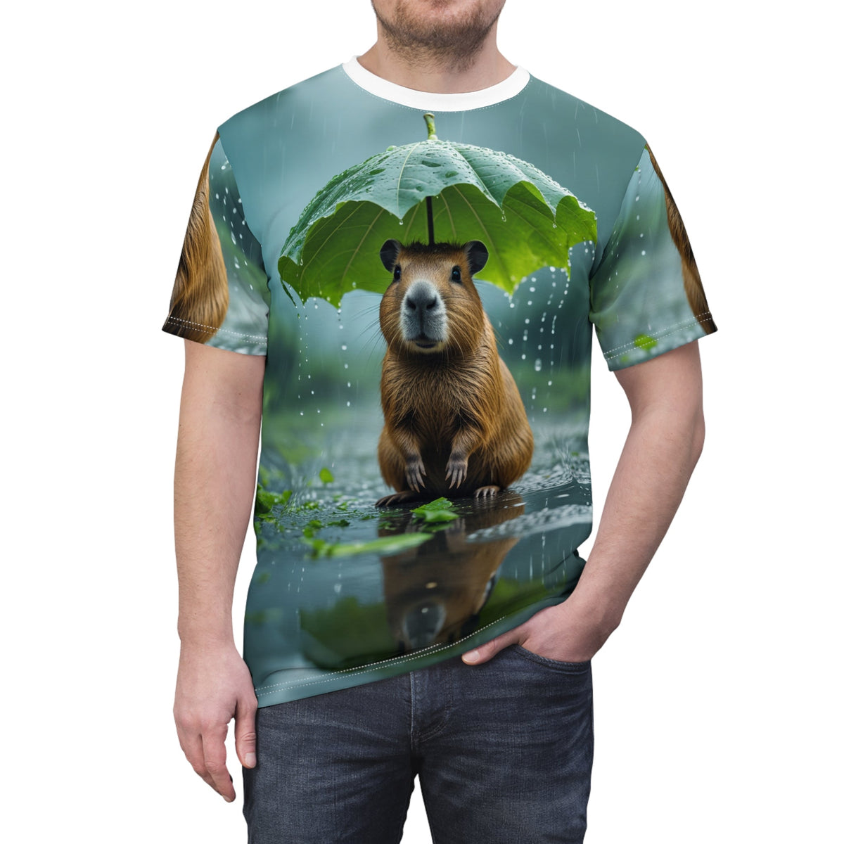 Rainy Day Cozy: Capybara Under a Leaf Umbrella - ART OF ROYALS