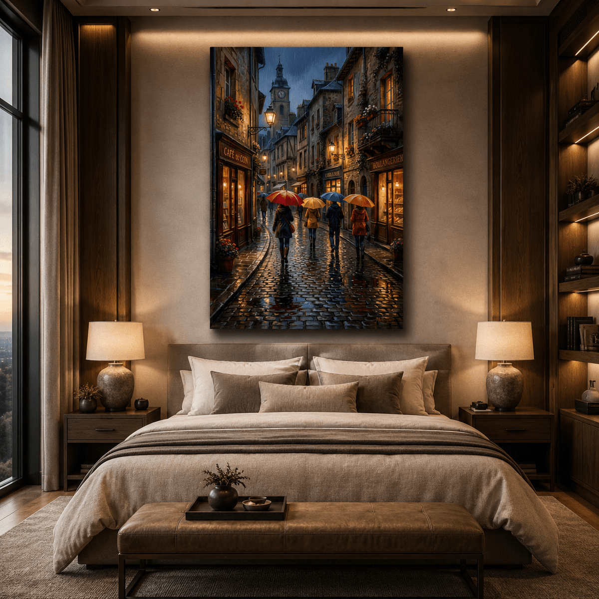 Rainy Evening Stroll Canvas Wall Art – Romantic Parisian Street Cityscape Decor - ART OF ROYALS