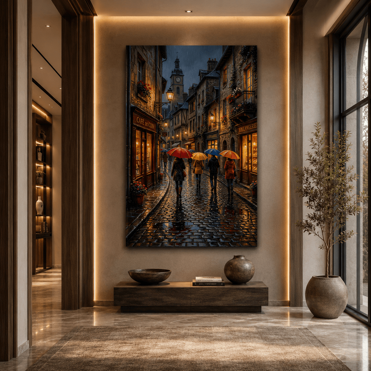 Rainy Evening Stroll Canvas Wall Art – Romantic Parisian Street Cityscape Decor - ART OF ROYALS