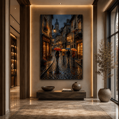 Rainy Evening Stroll Canvas Wall Art – Romantic Parisian Street Cityscape Decor - ART OF ROYALS