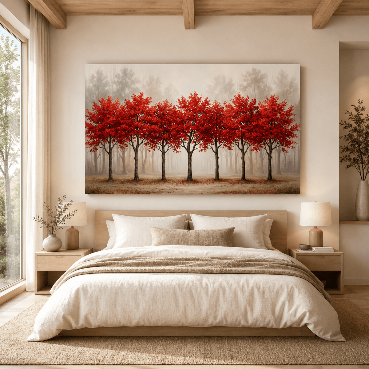 Red Autumn Trees Canvas Wall Art – Minimalist Forest Landscape Decor - ART OF ROYALS