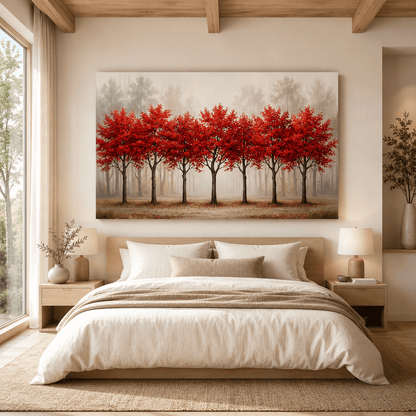 Red Autumn Trees Canvas Wall Art – Minimalist Forest Landscape Decor - ART OF ROYALS