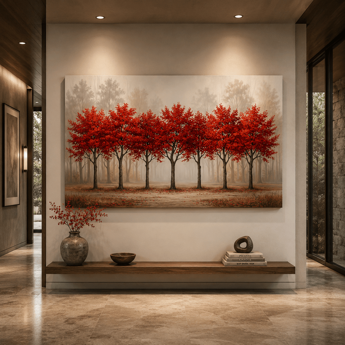 Red Autumn Trees Canvas Wall Art – Minimalist Forest Landscape Decor - ART OF ROYALS