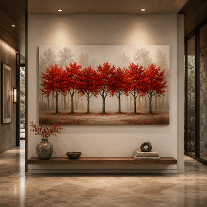 Red Autumn Trees Canvas Wall Art – Minimalist Forest Landscape Decor - ART OF ROYALS