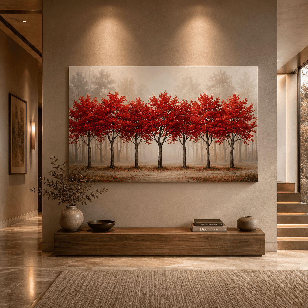 Red Autumn Trees Canvas Wall Art – Minimalist Forest Landscape Decor - ART OF ROYALS
