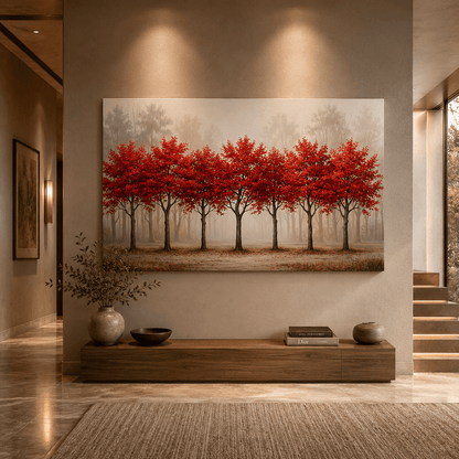 Red Autumn Trees Canvas Wall Art – Minimalist Forest Landscape Decor - ART OF ROYALS