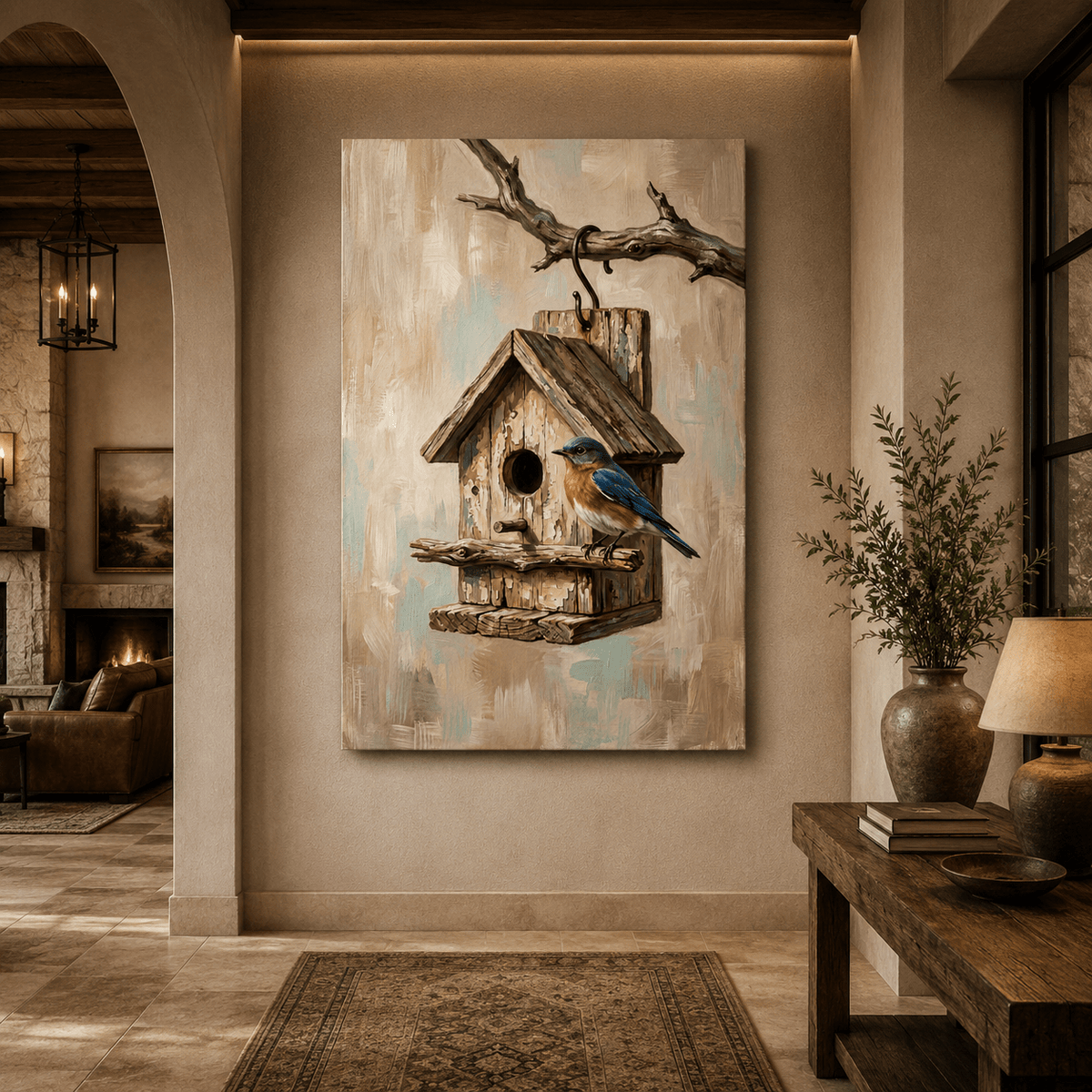 Rustic Bluebird Birdhouse Canvas Wall Art – Farmhouse Nature Decor for Cozy Interiors - ART OF ROYALS