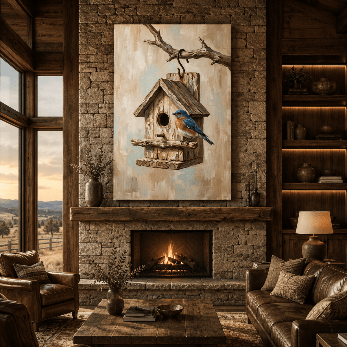 Rustic Bluebird Birdhouse Canvas Wall Art – Farmhouse Nature Decor for Cozy Interiors - ART OF ROYALS