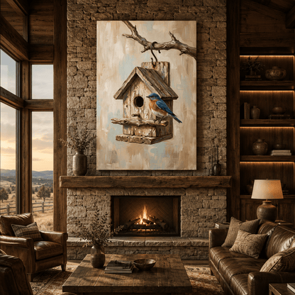 Rustic Bluebird Birdhouse Canvas Wall Art – Farmhouse Nature Decor for Cozy Interiors - ART OF ROYALS